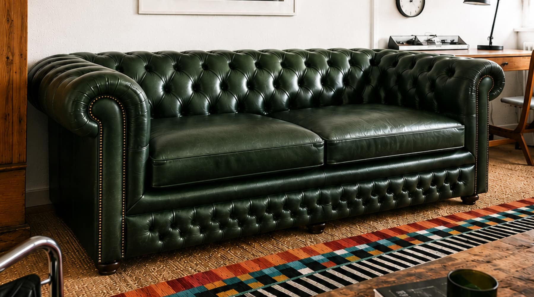 Ein dunkelgrünes Chesterfield-Sofa für eine Berliner Altbauwohnung