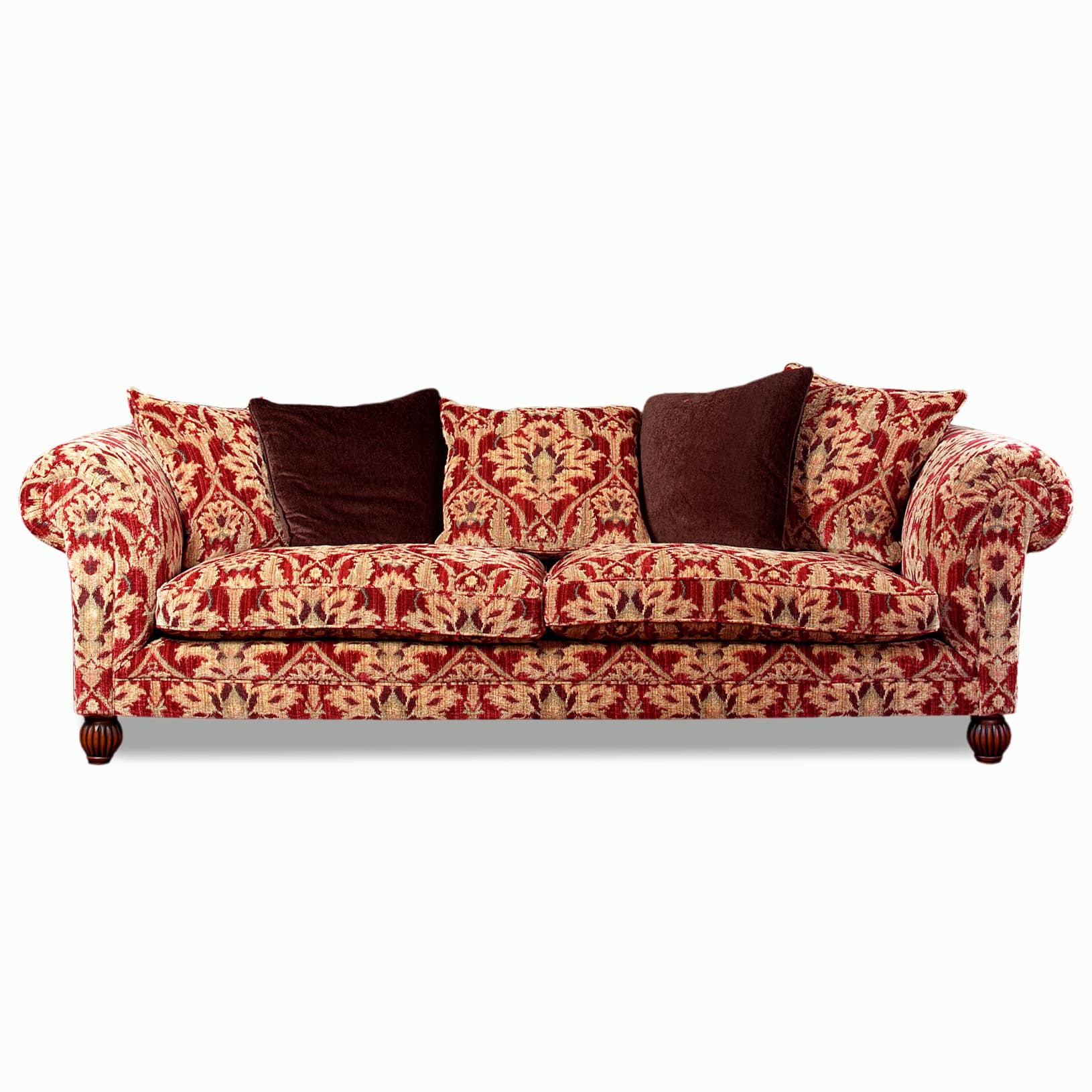 Tetrad Elgar Sofa im floralen Stoffdesign – modernes Sofa mit geradliniger Silhouette, breiten Armlehnen und weichen Rückenkissen, handgefertigt in England und erhältlich bei Stan Chesterfields
