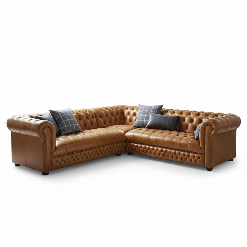 Hochwertiges, handgefertigtes Chesterfield Ecksofa aus England mit kapitonierter (geknöpfter) Sitzfläche.