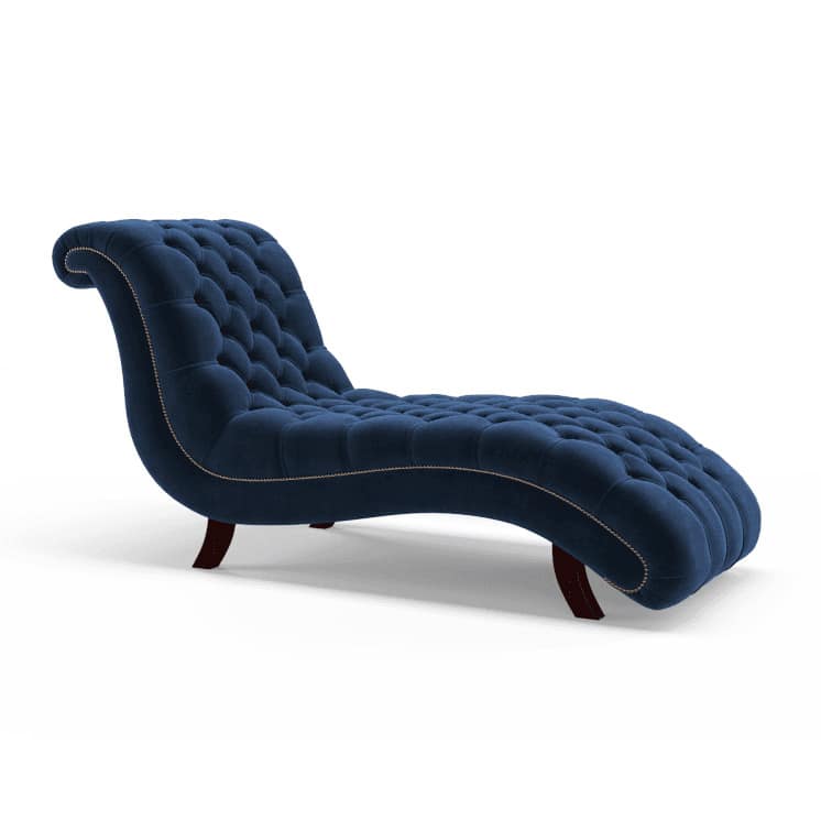 Chesterfield Recamiere Moore in tiefblauem Samt mit eleganter Knopfheftung, handgefertigt, luxuriös und individuell maßgeschneidert